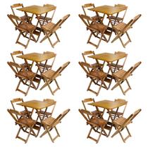 Kit 6 Jogos de Mesa com 4 Cadeiras de Madeira Dobravel 60x60 Ideal para Bar e Restaurante - Mel