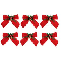 Kit 6 Laços Vermelho Aveludado Decorado Mini Sinos Dourado 11x11cm - Magizi