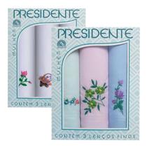 Kit 6 Lenços Femininos Presidente 100% Algodão Bordados