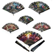 Kit 6 Leques de Tecido Florido Flores Colorido Oriental Borda rendada 44cm