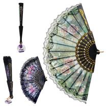 Kit 6 Leques Japonês Oriental Preto Tecido Floral Com Renda