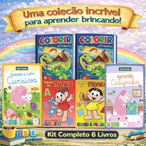 Kit 6 Livros Alfabetização Caligrafia Reforço Escolar Português Atividades Com 2 Revistas de Colorir