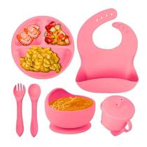 Kit 6 Louças Refeição Bebê Silicone Colher Pratinho Babador Infantil Ventosa