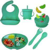 Kit 6 Louças Refeição Bebê Silicone Colher Pratinho Babador Infantil Ventosa