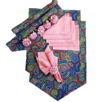 Kit 6 lugares - Trilhos coloridos com caimento em V e porta guardanapo mini Hortênsia rosa antigo