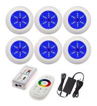 Kit 6 Luminária De Led Rgb Para Piscina 6w + Controle Remoto