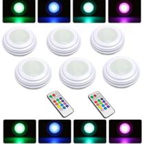 Kit 6 Luminárias Lâmpadas Spots Led Redondas Adesivas A Pilhas RGB Coloridas Sem Fio Com Controle Remoto Para Paredes