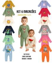 Kit 6 Macacão Bebê Longo Punhos Botão de pressão Menino Menina Algodão Suedine tamanhos P M G GG Enxoval Atacado estampas e cores variadas Kit 6 Macacão Bebê Longo Punhos Botão de pressão Menino Menina Algodão Suedine tamanhos P M G GG Enxoval Atacado estampas e cores variadas