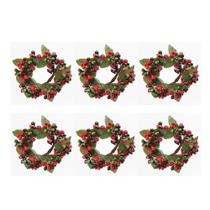 Kit 6 Mini Guirlandas Natal Anel Guardanapo Decoração Folhas e Frutas Vermelha e Verde 7cm Cromus