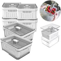 Kit 6 Organizadores 3,8 Litros De Geladeira Com Cesto De Drenagem E Tampa Com Abertura Armazenamento De Frutas E Verduras Vegetais