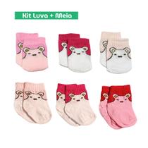 Kit 6 pares, 3 pares de luvas + 3 pares de meias para recém nascido totó