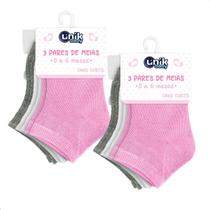 Kit 6 Pares Meia Bebê Colorida Cano Longo Infantil Unik Baby Rosa-Cinza-Branco P - 0 a 6 meses