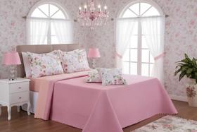 Kit 6 Pçs Cobre Leito Colcha e Lençol Casal Queen Provence Variação: Buquê Rosa
