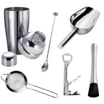 Kit 6 pçs Colher Bailarina, Coqueteleira Cobbler 500ml, Macerador, Pá para gelo, Abridor Garrafa, Peneira/Coador