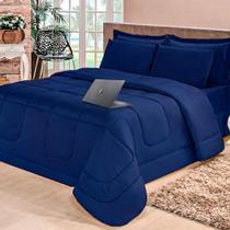 Kit 6 Pçs Edredom Casa Dona Dupla Face Casal Queen Com Lençol Azul Marinho Kit 6 Pçs Edredom Casa Dona Dupla Face Casal Queen Com Lençol Azul Marinho