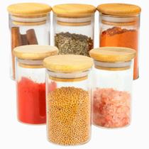 Kit 6 Pcs Pote De Vidro Com Tampa De Bambu Hermético 200ml