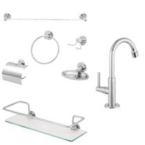Kit 6 Peças Acessórios Banheiro Cromado Porta Shampoo de Vidro Reto + Torneira Lavatório ABS