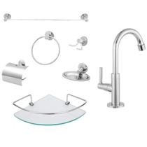 Kit 6 Peças Acessórios Banheiro Porta Shampoo de Vidro Canto + Torneira Lavatório Cromada ABS