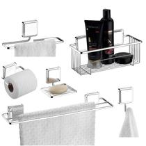 Kit 6 Peças Acessórios De Banheiro Toalheiro Gancho Papeleira Adesivo Dupla Face Cromado - Future