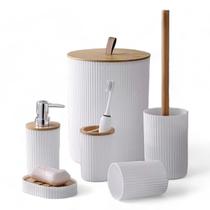 Kit 6 Peças Banheiro Lavabo Branco Com Acabamento em Bambu