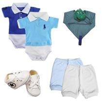 Kit 6 Peças Body Gola Polo e Short Naninha Sapatinho Menino Kit 6 Peças Body Gola Polo e Short Naninha Sapatinho Menino