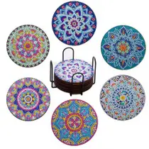 Kit 6 Peças de Pintura Diamante 5D, para Porta Copos com Design de Mandala, Base de Cortiça, Estrutura Metálica Preta, Acompanha Kit para Montagem