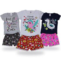 KIT 6 PEÇAS DE ROUPAS - Conjuntos Femininos Infantil 3 Shorts Estampado + 3 Blusinhas em Meia Malha