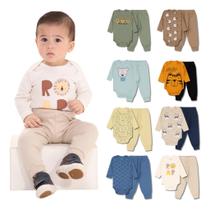 Kit 6 Peças de Roupas para Bebê Menino 3 Body Longo 3 Calça Mijão Kit 3 Body Roupa Infantil Bebê