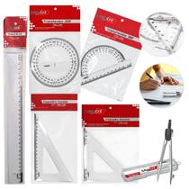 Kit 6 peças Escolar Transferidor Esquadro Compasso Régua Matemática Geometria Ensino Fundamental e Médio