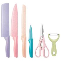 Kit 6 Peças Facas Cozinha Aço Colorido Delicadesa Descansador Pão