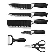 Kit 6 Peças Facas Tesoura Cozinha Inox Corte Preciso Cabo Antiderrapante Cor Preta ou Rosa