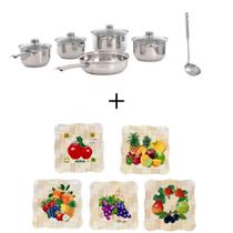 Kit 6 Peças Inox Panelas com Tampa de Vidro + Descanso de Panelas