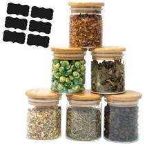Kit 6 Peças Potes De Vidro Hermético Tampa Bambu Premium 250ml + 6 Etiquetas Preta Lousa
