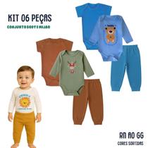 Kit 6 peças Roupa Bebê Body e Mijão com punhos, menino e menina Suedine 100 algodão, Enxoval Atacado recém nascido, P M G e GG