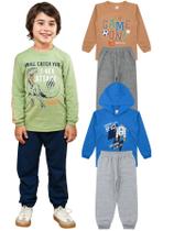 Kit 6 peças Roupa Inverno Conjunto Menino Blusas 1 Com Capuz e 2 Sem Capuz + 3 Calças Moletom