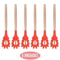 Kit 6 Pegador de Silicone Vermelho Cabo Bambu Multiuso