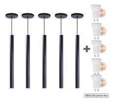 Kit 6 Pendente Tubo Preto 50 Cm + Lâmpada LED Branco Frio