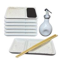 Kit 6 Pessoas Oriental Sushi Porcelana Creme Comida Japonesa Prato e Jarra Shoyu