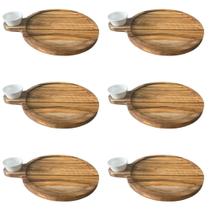 Kit 6 Petisqueira Teca 23cm Servir com Cabo e Ramekin 30ml Tábua Aperitivo Queijos