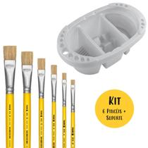 Kit 6 Pincéis de Pintura Chato + Suporte de Apoio e Limpeza de Pincéis Tigre Ideal para Artesanatos Pinturas e Telas