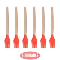 Kit 6 Pincel Culinário Silicone Vermelho Cabo Bambu Cheff