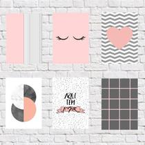 Kit 6 Placas Decorativas Rosa E Cinza 18X27Cm