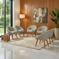 Kit 6 Poltrona Sala Decorativa Louis Veludo Bege Pés Palito Castanho