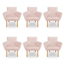 Kit 6 Poltronas Decorativa Leticia Suede Rosa Bebê Pés Palito Castanho - Pallazio