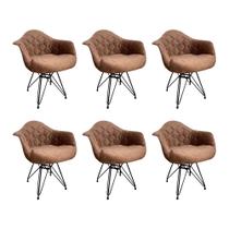 Kit 6 Poltronas Jantar Eames Eiffel Estofadas Caramelo Base Ferro Preto