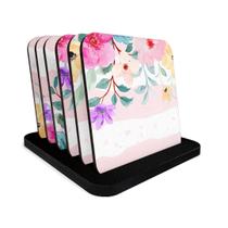 Kit 6 Porta Copos MDF Bolacha Floral, Flores lindas, cores