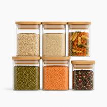 Kit 6 Porta Mantimentos Grandes em Vidro Hermético com Tampa de Bambu Empilháveis Kit 6 Porta Mantimentos Grandes em Vidro Hermético com Tampa de Bambu Empilháveis
