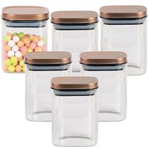 Kit 6 Porta Mantimentos Vidro Quad. Tampa Bronze Inox 800ml