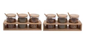 Kit 6 Porta Temperos Potes vidro tampa colher suporte bambu
