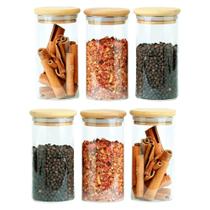 Kit 6 Pote De Vidro Hermético C/ Tampa Bambu 300ml Redondo Tempero Condimento Cozinha Decorativo